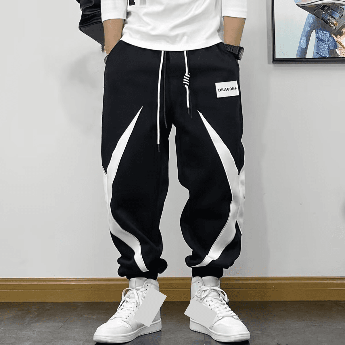 ​Men's Trendy Casual Jogger Pants With Color Block Design - Elastic Cuff Loose Fit, Comfortable & Stylish For Everyday Wear (Black, M-3XL)​