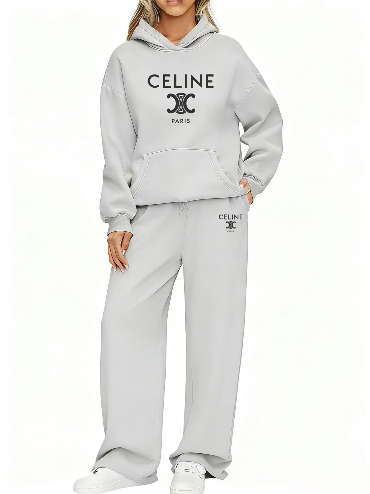Ensemble de survêtement femme à capuche et pantalon de jogging, tenue décontractée, manches longues, style streetwear.