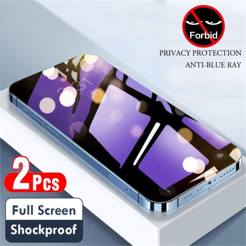 2PCS Anti Blue Ray Privacy Protect Tempered Glass Film for iPhone 15 14 Plus 13 12 Mini 11 Pro X XS Max XR Purple Clear