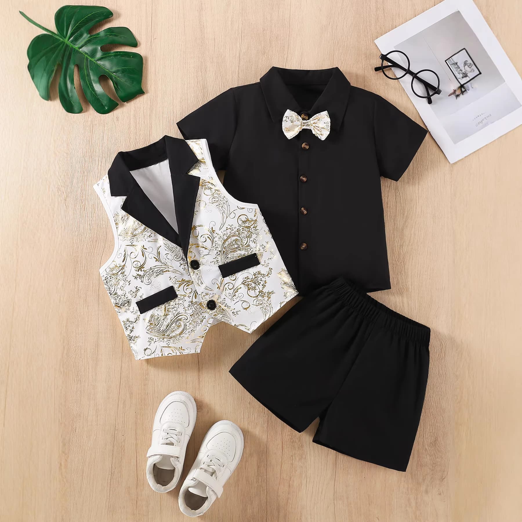 Summer Formal Wear Set For Children British Style Gold Powder Vest Short-Sleeved Shirt And Shorts Three-Piece Clothing Ensemble