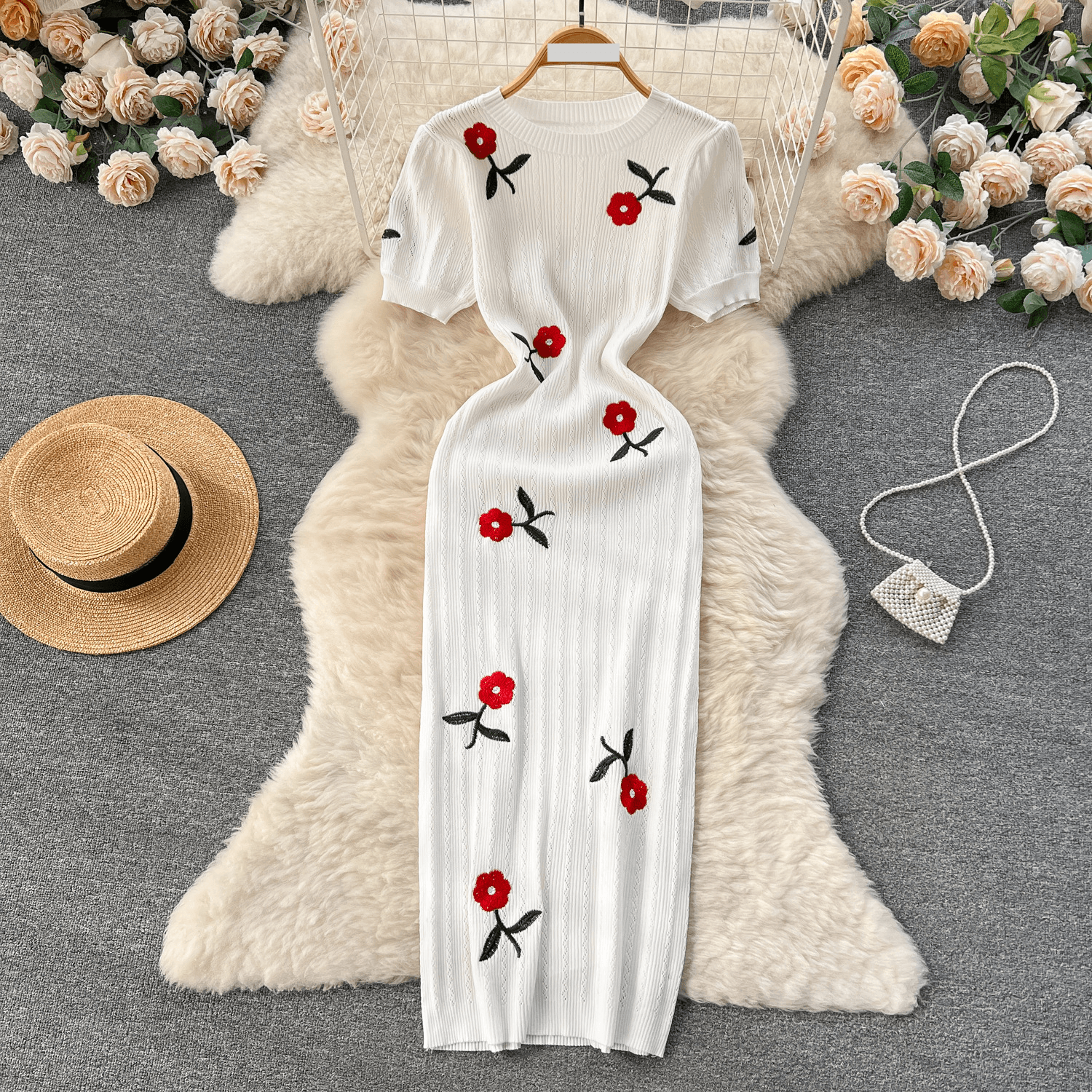 Women's Clothing Summer dress high-grade temperament embroidered rose knitted dress women's short-sleeved new hip-wrapped long skirt