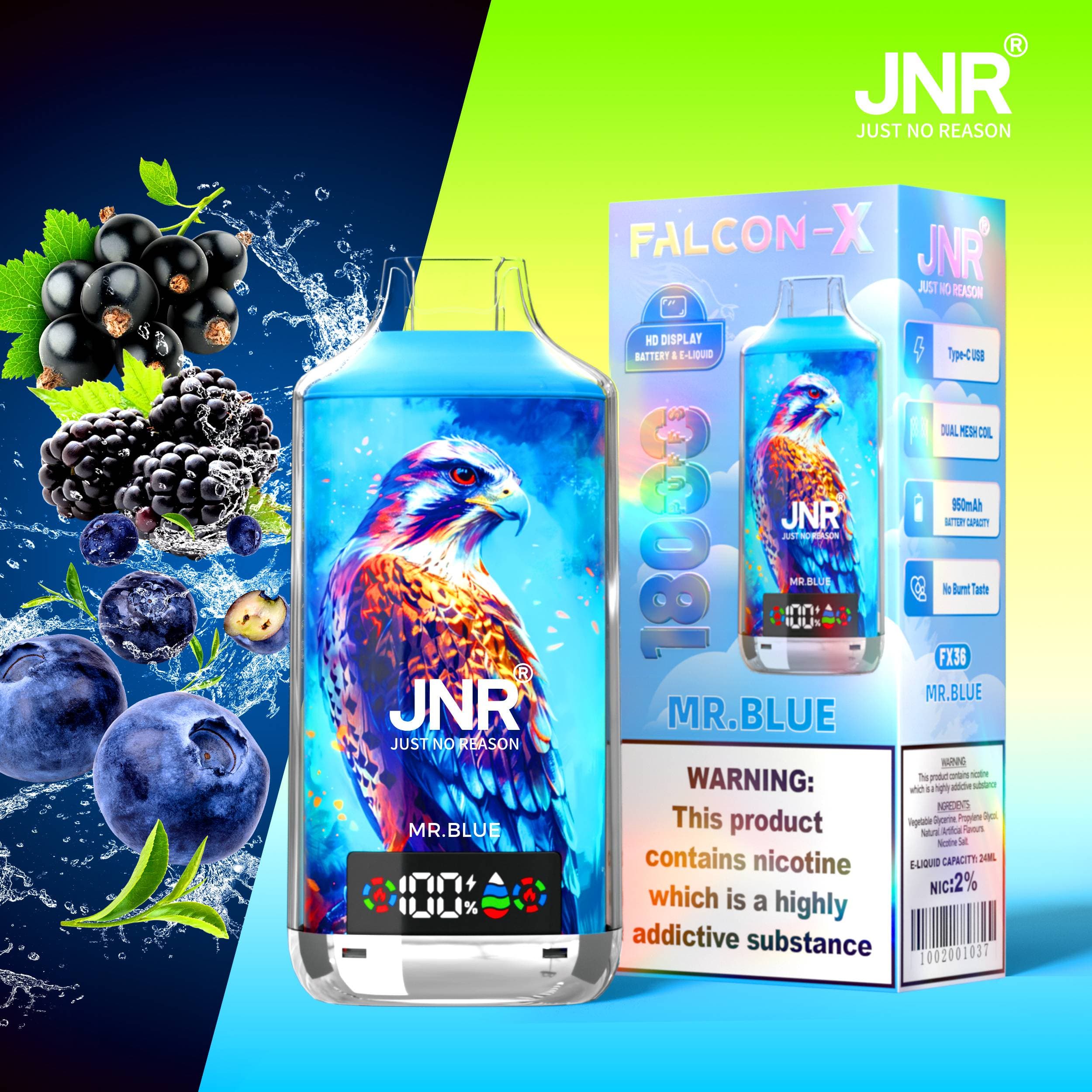JNR Falcon-X 18000 bouffées 18k Crystal Vapes jetables avec écran Puff Svapo Pack De Puff Rauchen Ice Fruit E-zigaretten 1 PCS 2 PCS