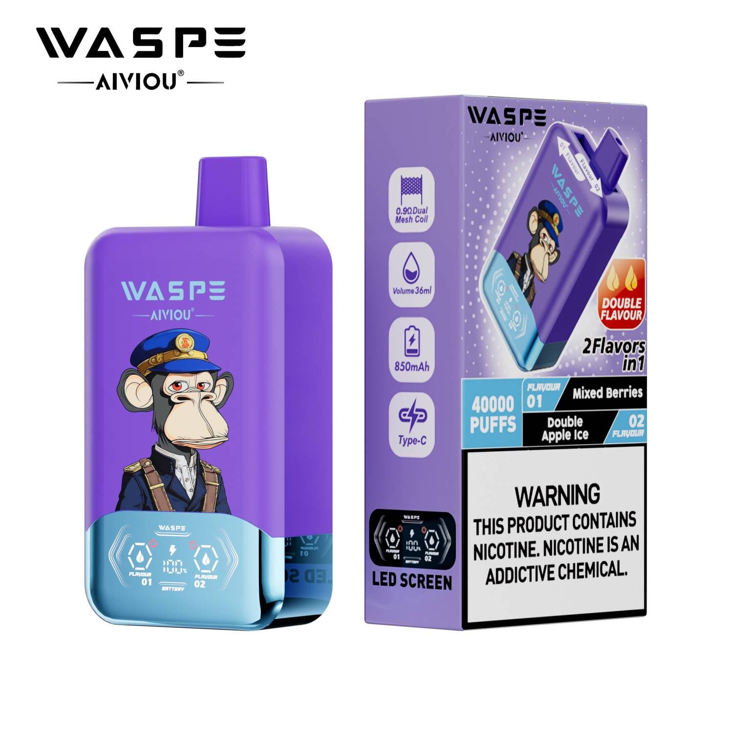 Waspe Double Saveur 40 000 bouffées 40k Entrepôt UE Cigarette électronique jetable 2 en 1 Boîte de bouffées Vapotage avec deux saveurs Double c