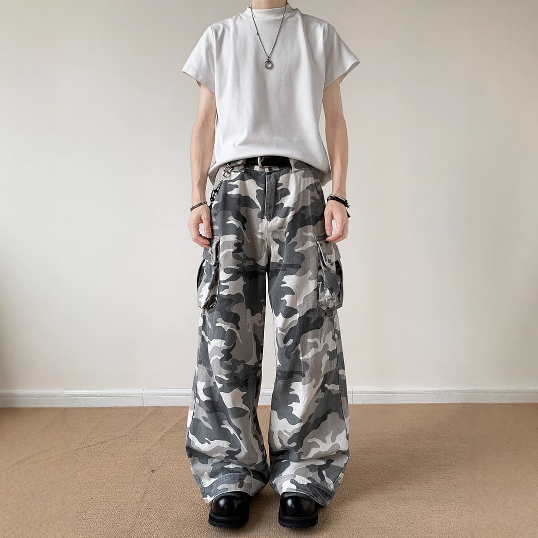 Men's Clothing Retro Washed Camo Cargo Jeans For Men & Women - Loose Fit, Utility Pockets, Streetwear Baggy Pants With Slight Flare​