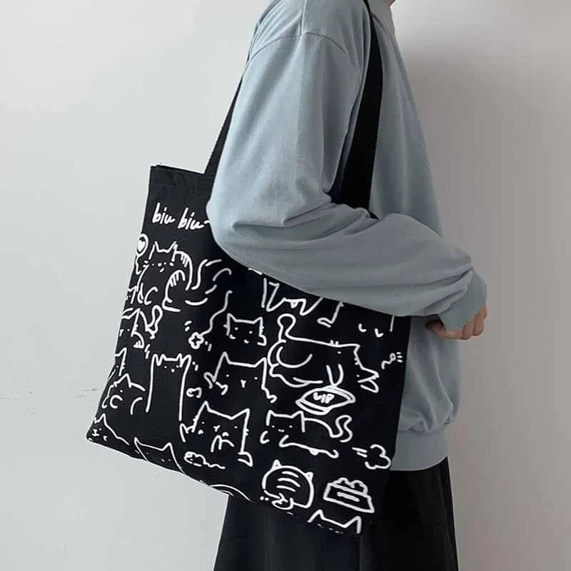 Fashion Cartoon Cute Cats Canvas Bags - Handbag for Women and Men, Foldable Reusable Shopping Beach Bag with Zipper