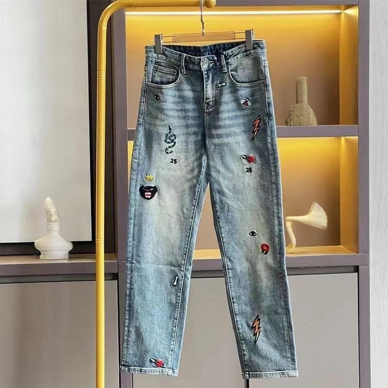 Men's Clothing Fashionable Embroidered Jeans High Street Slim Fit Slim Fit Embroidered Jeans - Stylish High Street Denim Pants With Artistic Details