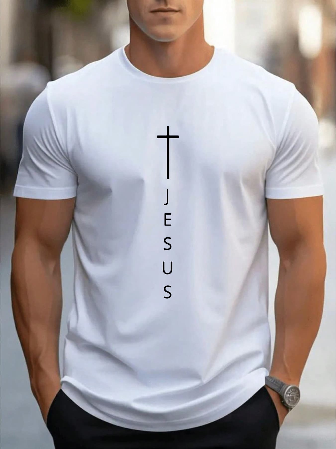 100% Pure Cotton Men's Summer Fashion Short Sleeved Cross And Jesus Letter Print Casual Slim Fit Versatile T-shirt Top