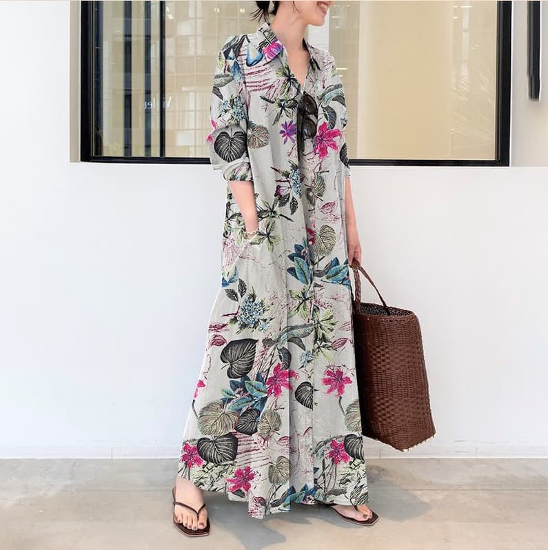 Women's Casual Cotton And Linen Printed Lapel Long Sleeve Pocket Simple Loose Casual Long Shirt Dress
