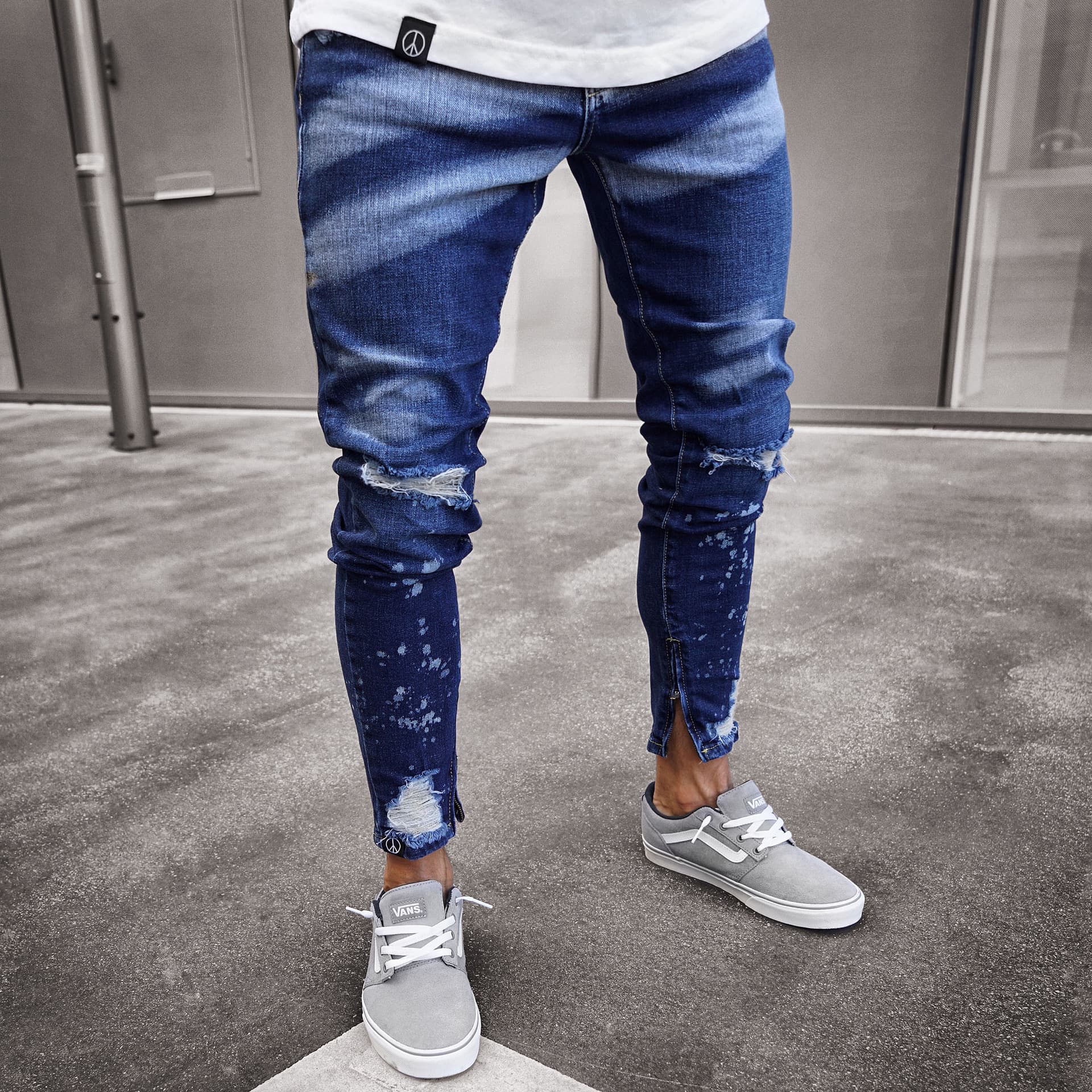 European And American Men's New Worn-out Denim Leggings With Fashionable Paint Zippers And Personalized Slimming Denim Pants