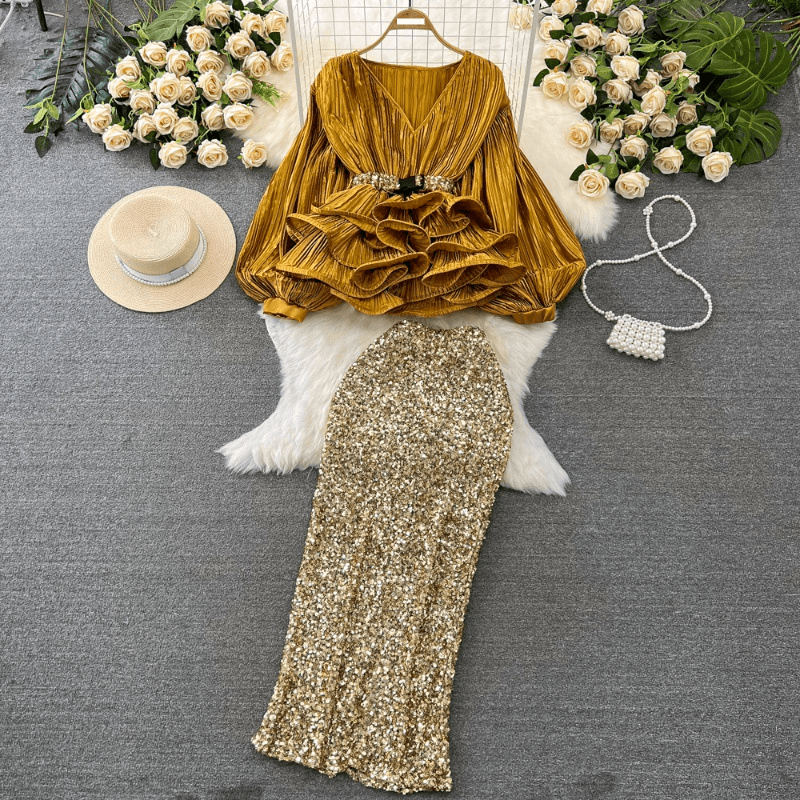 Women's fashion set female socialite temperament lantern long sleeve V-neck lotus leaf bright face shirt women's high waist sequin skirt