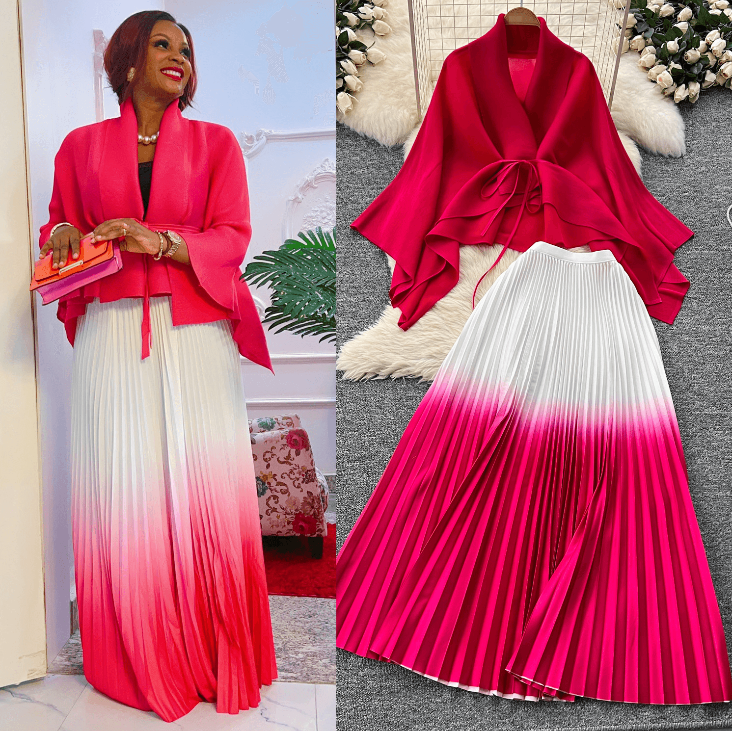 Women's Clothing Pleated Butterfly Sleeve Gradient Tie Shawl Short Jacket Top + Gradient Pleated Skirt Two piece Set