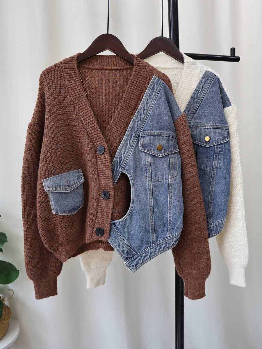 Niche Design Short Knitted Denim Splicing Cardigan Women Autumn New Style Popular Online Sweater Jacket