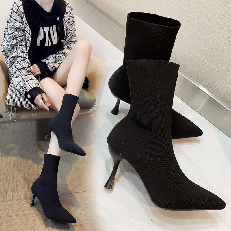 Autumn Winter New Thin Knitted Wool Pointed Socks and High Heel Short Show Slim Elastic Women's Boots