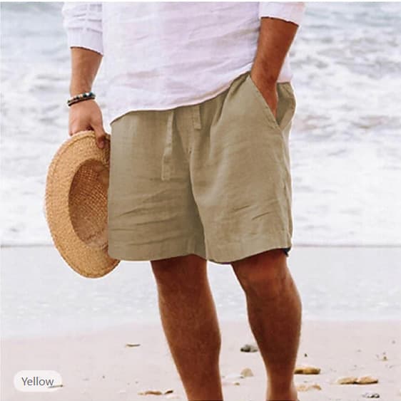 Men's Clothing Summer new cotton and linen shorts drawstring elastic waist straight leg solid color breathable daily beach five-point casual shorts