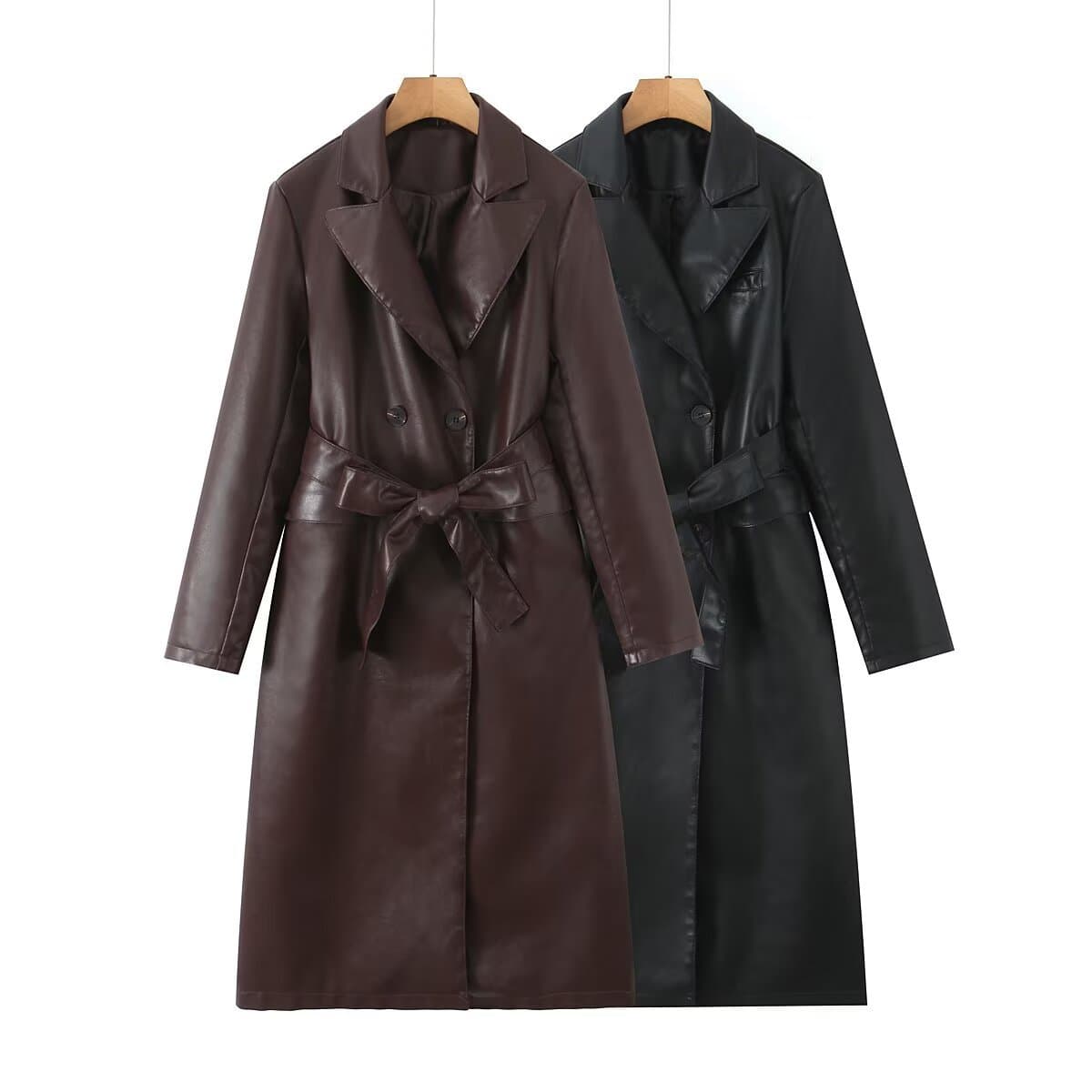 ​​French-Inspired Faux Leather Trench Coat For Women – Longline Belted Coat With 3D Embossed Detailing (S-L, Black/Brown)​​