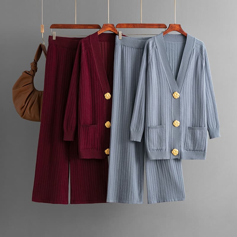 Cross-Border European And American Autumn Winter New Solid Color Loose Metal Button Cardigan Suit + Wide-Leg Pants
