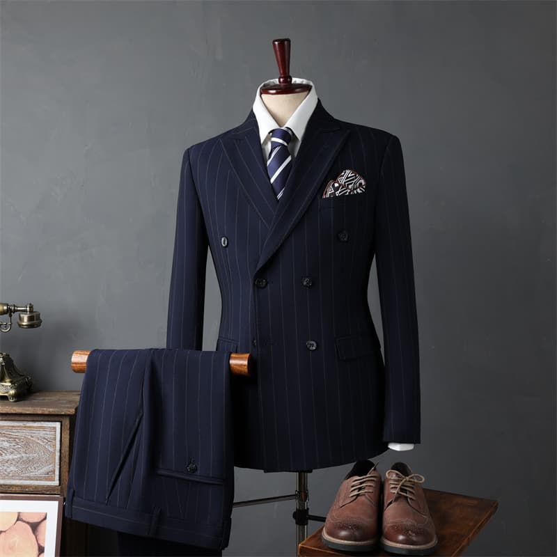 Men's Slim Fit Double Breasted Suit Set - Wedding Groom Blazer & Pants With Peak Lapel, Business Formal & Casual Wear (Black/Navy)