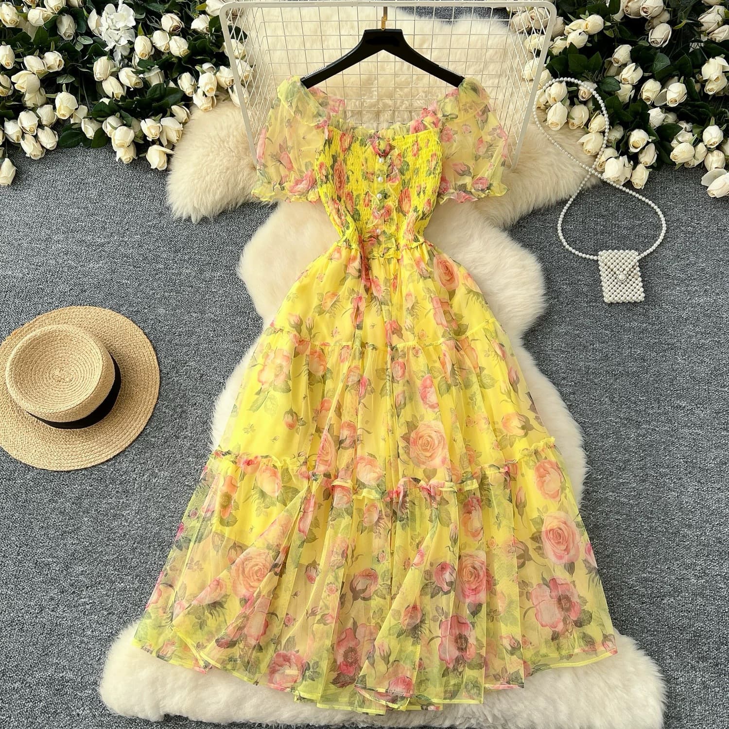 Women's Clothing Tea Break Chiffon Dress Waist Temperament One Shoulder Puff Sleeve Mesh Skirt