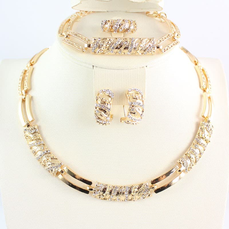 Women African Beads Jewelry Sets Cz Crystal Necklace Earring Ring Bracelet Jewelries Set
