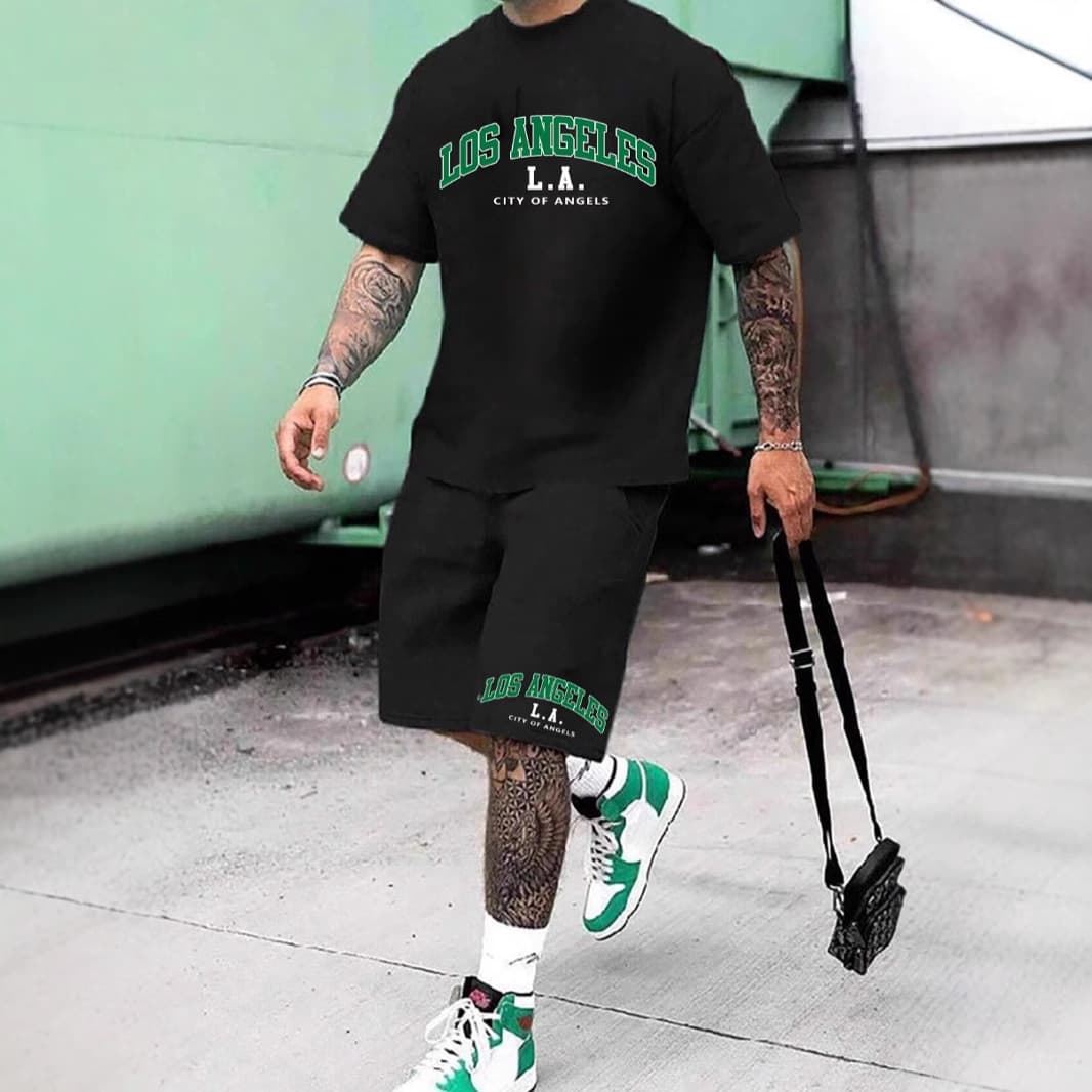 25 Years Of New Men's Summer American Street T-shirt Short Sleeves And Shorts Set Los Angeles Letter Print