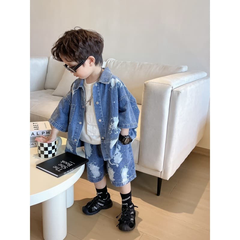 Mother & Kids Boys Paint Splashed Denim Suit Summer New Short Sleeved Shorts Small Children's Korean Style Jacket And Pants