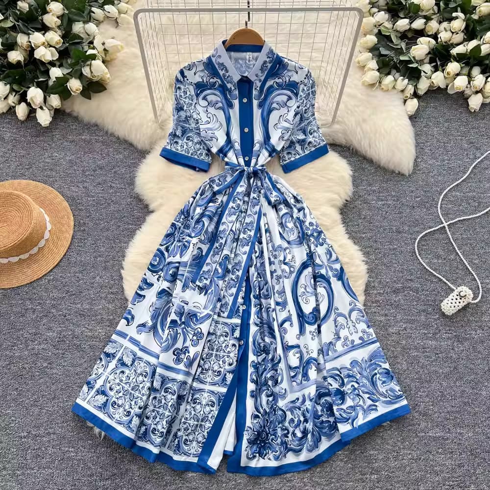 Kate Middleton Inspired Short Sleeve Blue White Porcelain Print Dress Fitted Waist Elegant A-Line Skirt Summer Cross Border Women's Fashion Dress