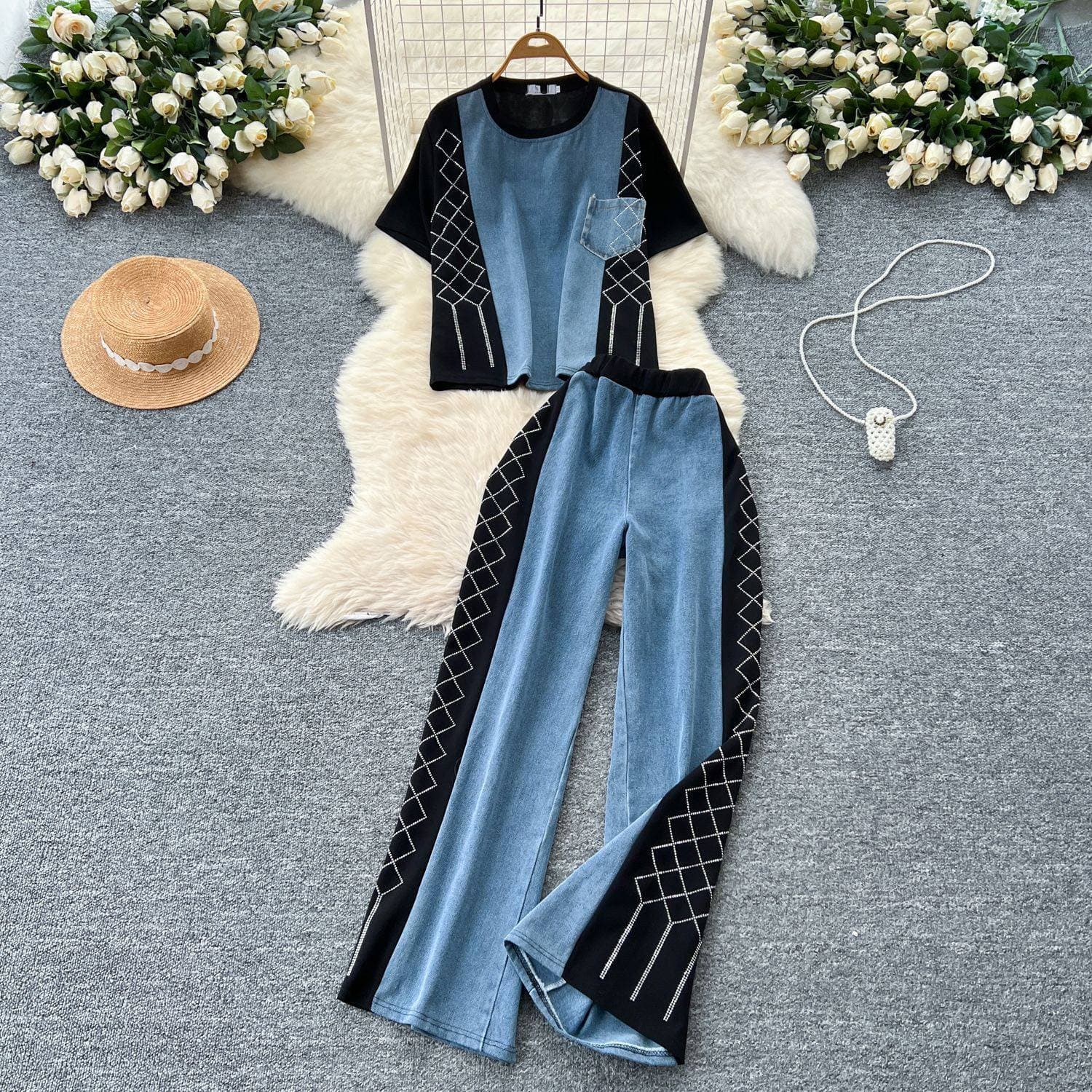 Women's Fashion Summer Set - Vintage Denim Patchwork Sleeveless Top & High-Waisted Wide-Leg Pants | Heavy Duty Rhinestone Embellished Outfit