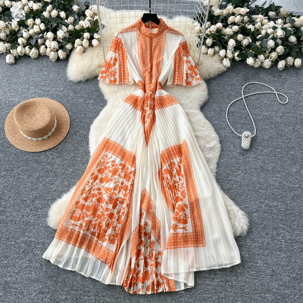 Women's Clothing Printed Dress Pleated Collar Slim Waist And Unique Design Beautiful Long Dress