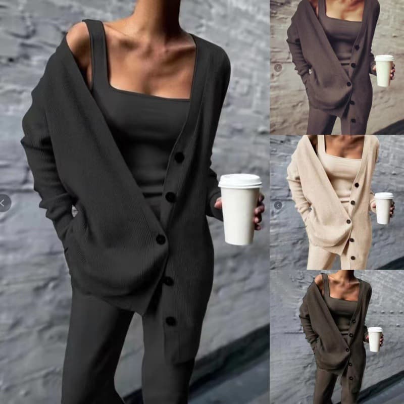 Women's fashion knitted three-piece coat vest pants