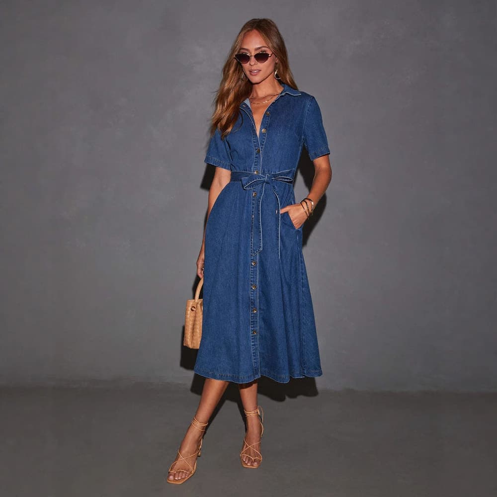 Robe longue vintage en jean à col en V et taille nouée – Robe trapèze élégante de style français pour femme