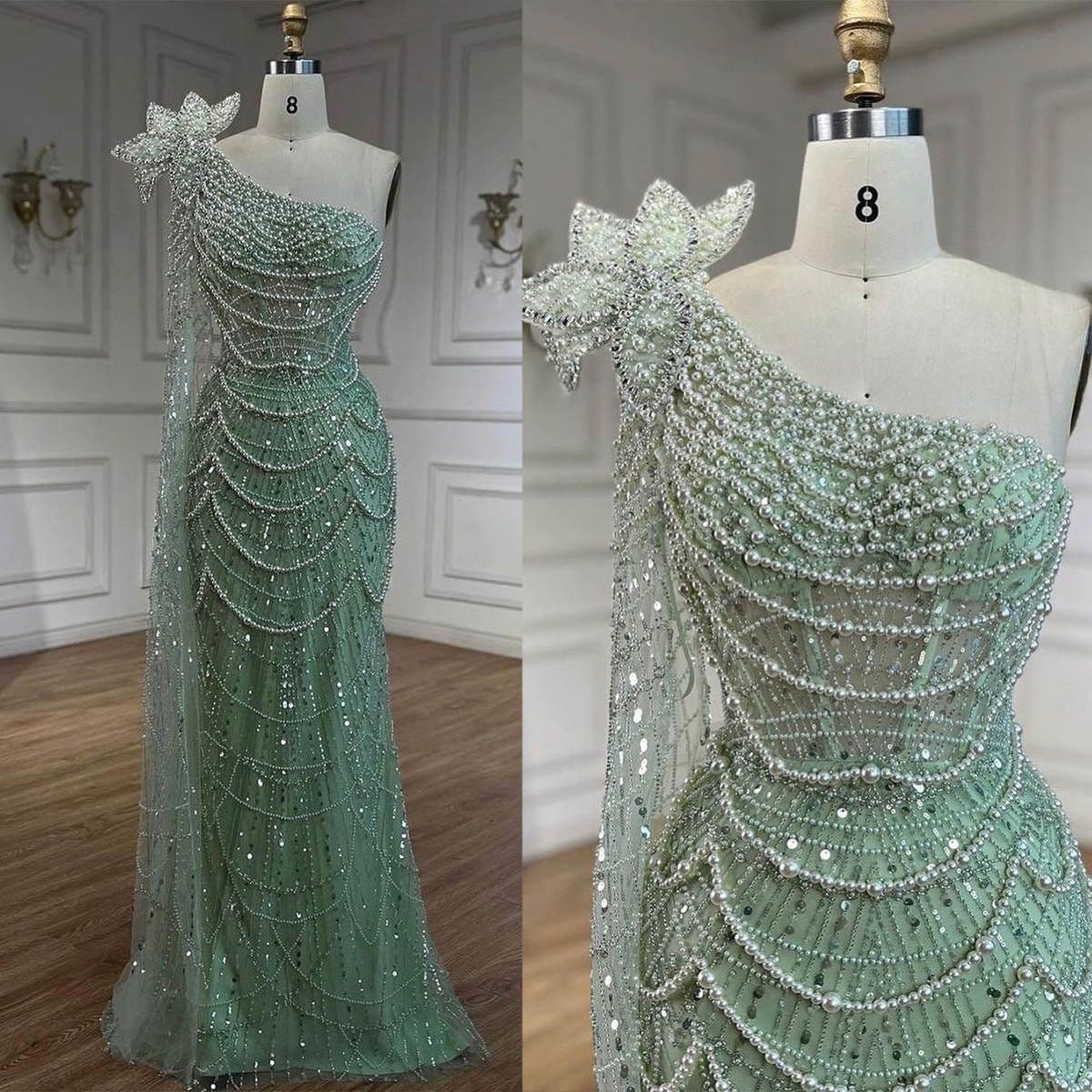 Women's Clothing One Shoulder Temperament Evening Dress Large Size Slim Fit Dress Beaded Fishtail Dress