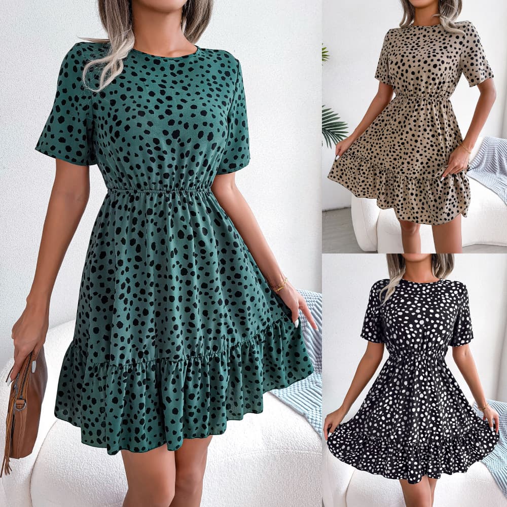 INS style spring and summer new casual polka dot waistband ruffle hem large swing dress for women