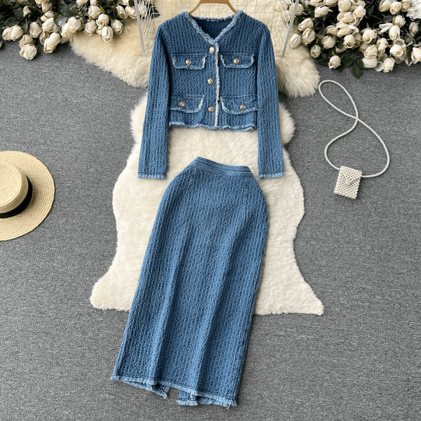 Women's denim suit women's raw edge short denim jacket + slit skirt two