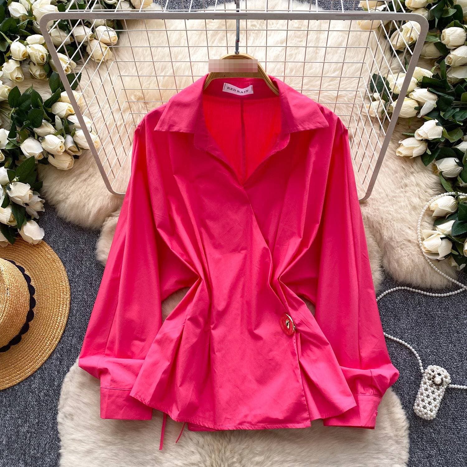 Women's Korean Style Blue Suit Collar Shirt With Tie Waist Slimming Elegant Top Long Sleeves For Spring Loose Fit Blouse
