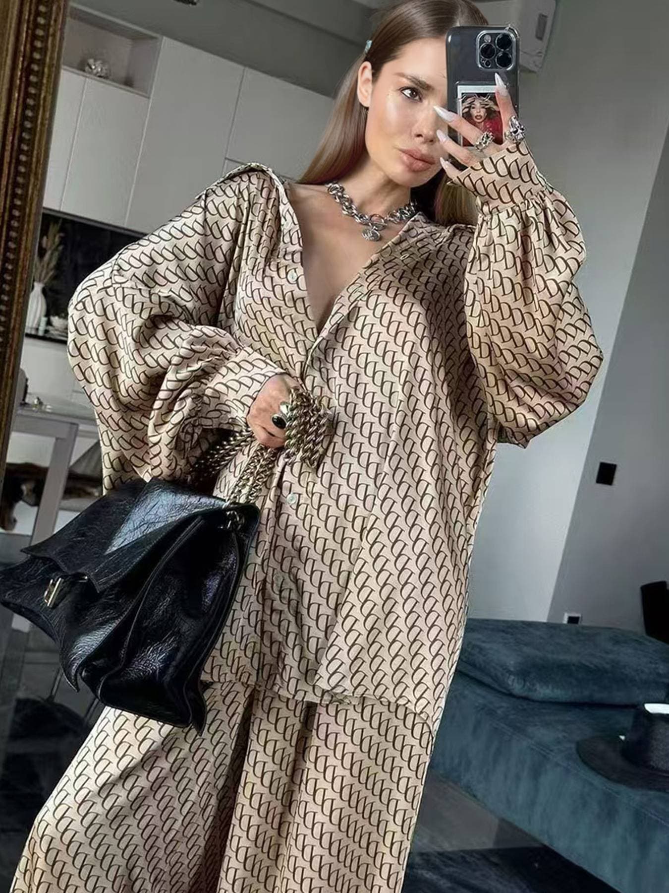 2026 Fashion Printed Loose And Comfortable European And American Long Sleeved Pants Summer Thin Women's Set