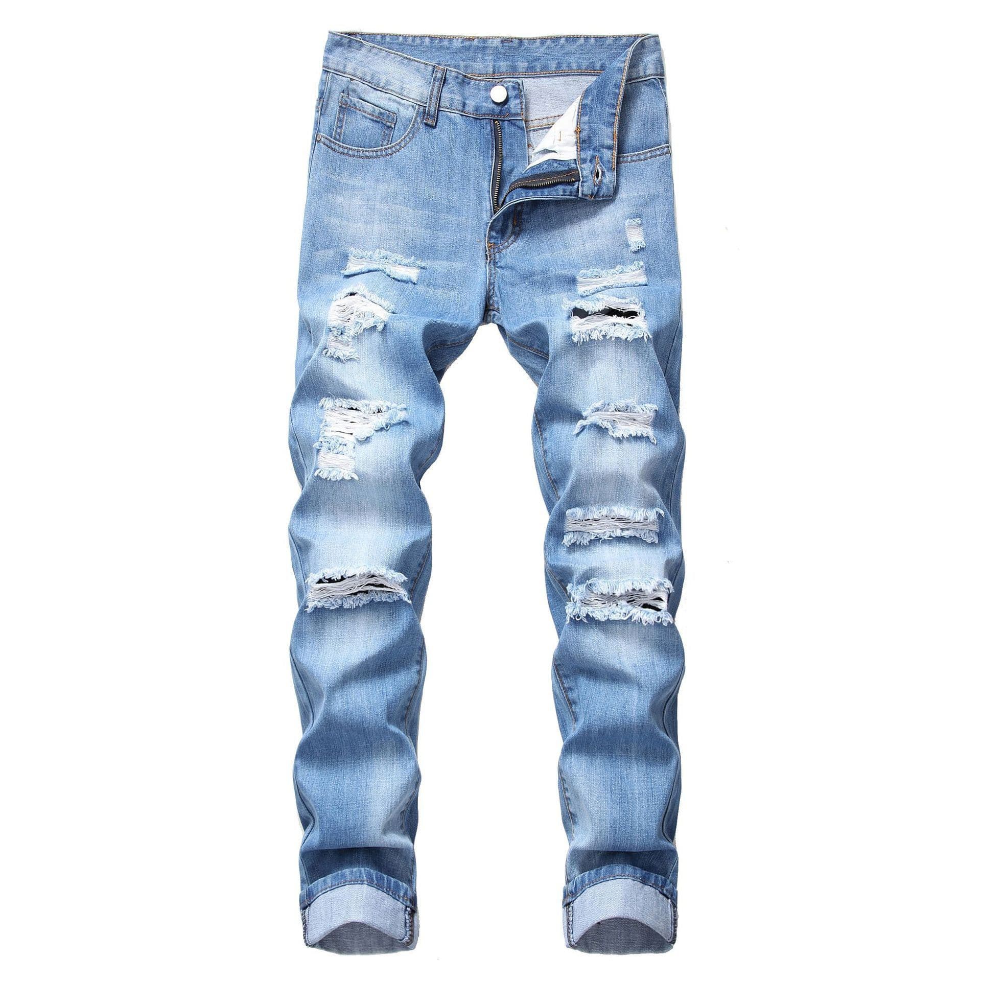 Men's Distressed Straight Fit Slim Jeans - Vintage Washed Denim Pants For Casual Streetwear