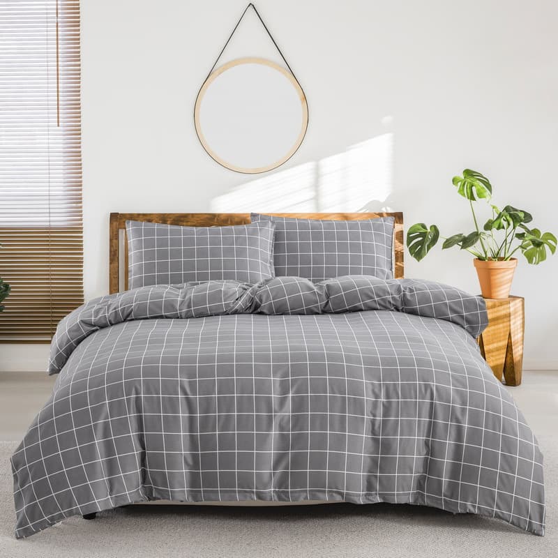 Gray Plaid Striped Quilt Cover Duvet Cover Classic Bedding Three Piece Set In Soft Polyester - Milled Velvet Texture