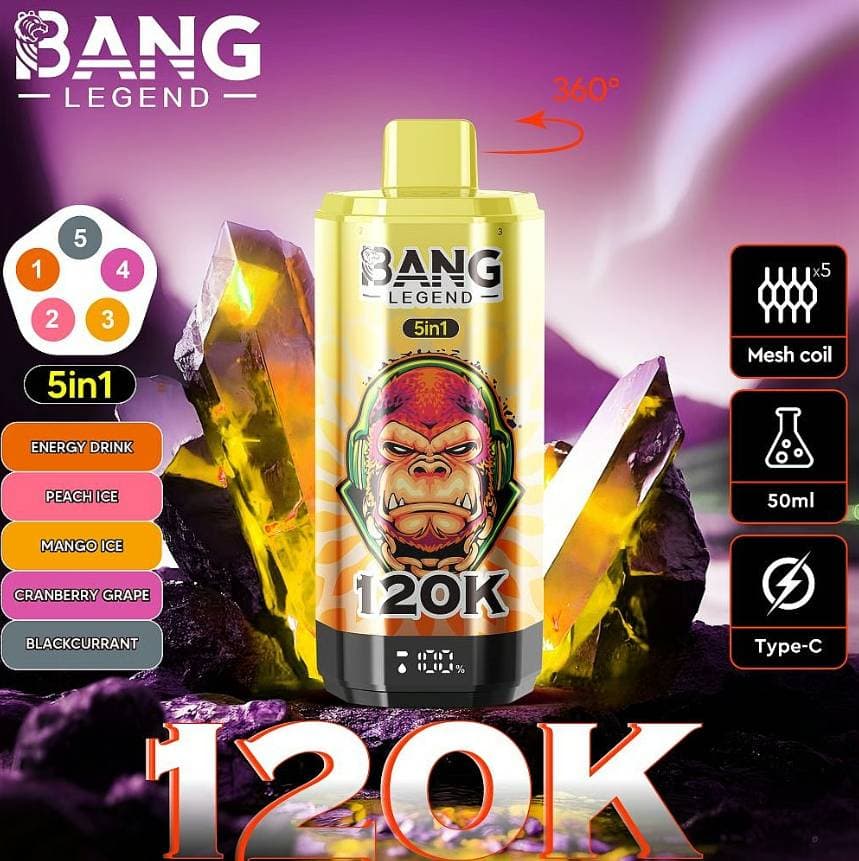1 cigarette électronique jetable Bang Legend 120 000 bouffées, résistance Mesh 120k, affichage LED, 5 saveurs en 1 réglables, 2 % de nicotine
