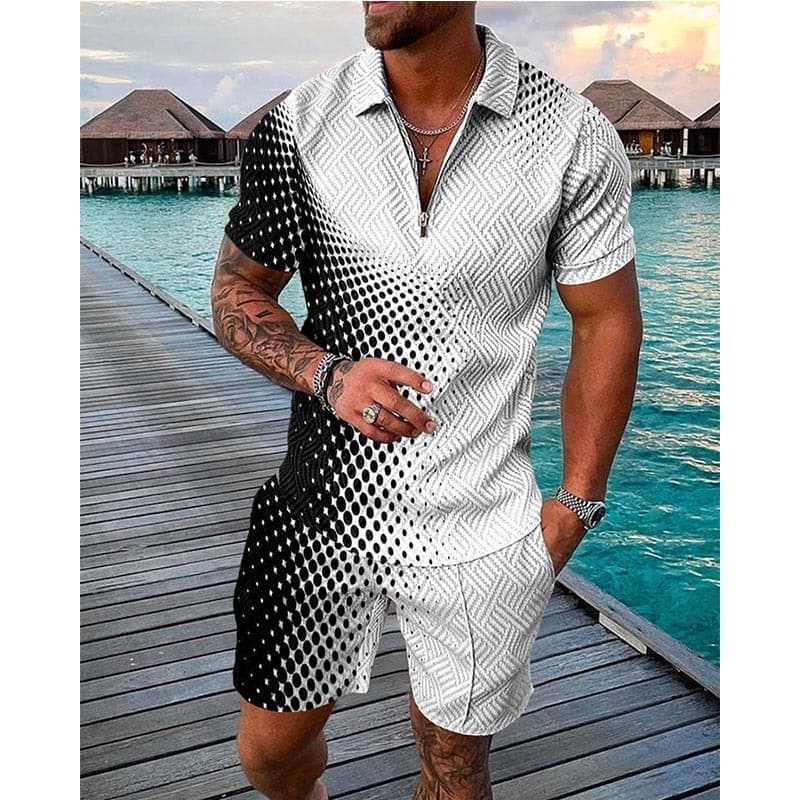 Men's Fashion Casual Suit 3D Printed Zipper Short Sleeve Polo Shirt Shorts 2-Piece Set