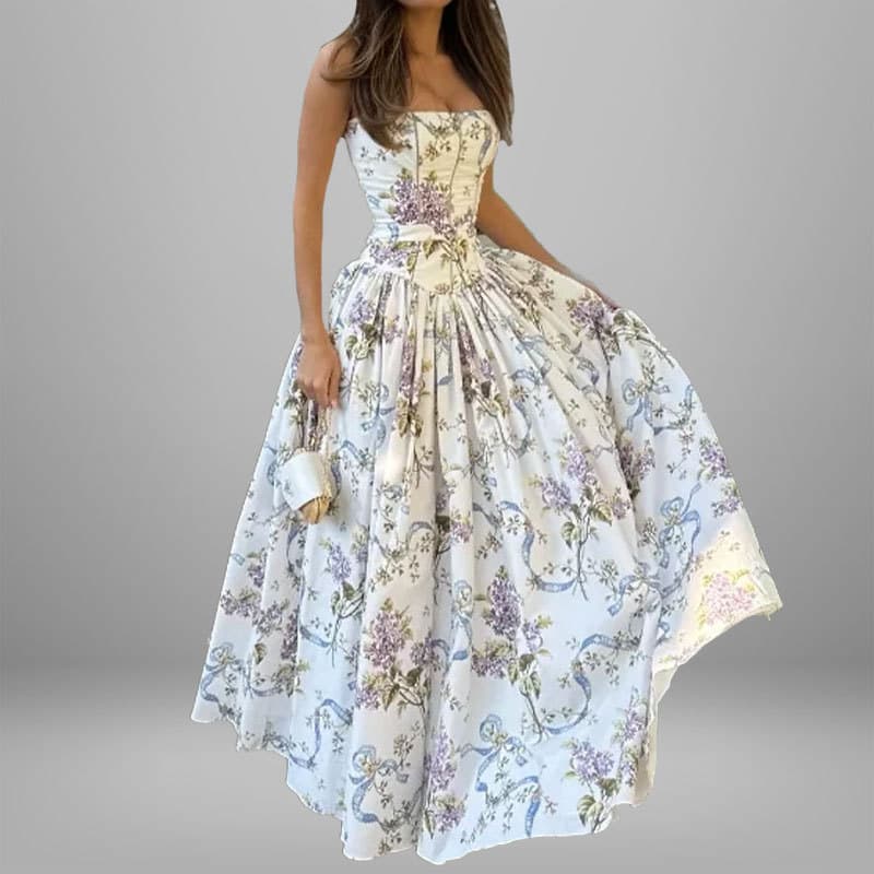 Women's French Style Floral Print Long Dress Square Neck Spaghetti Strap Spring New Arrivals American Fashion