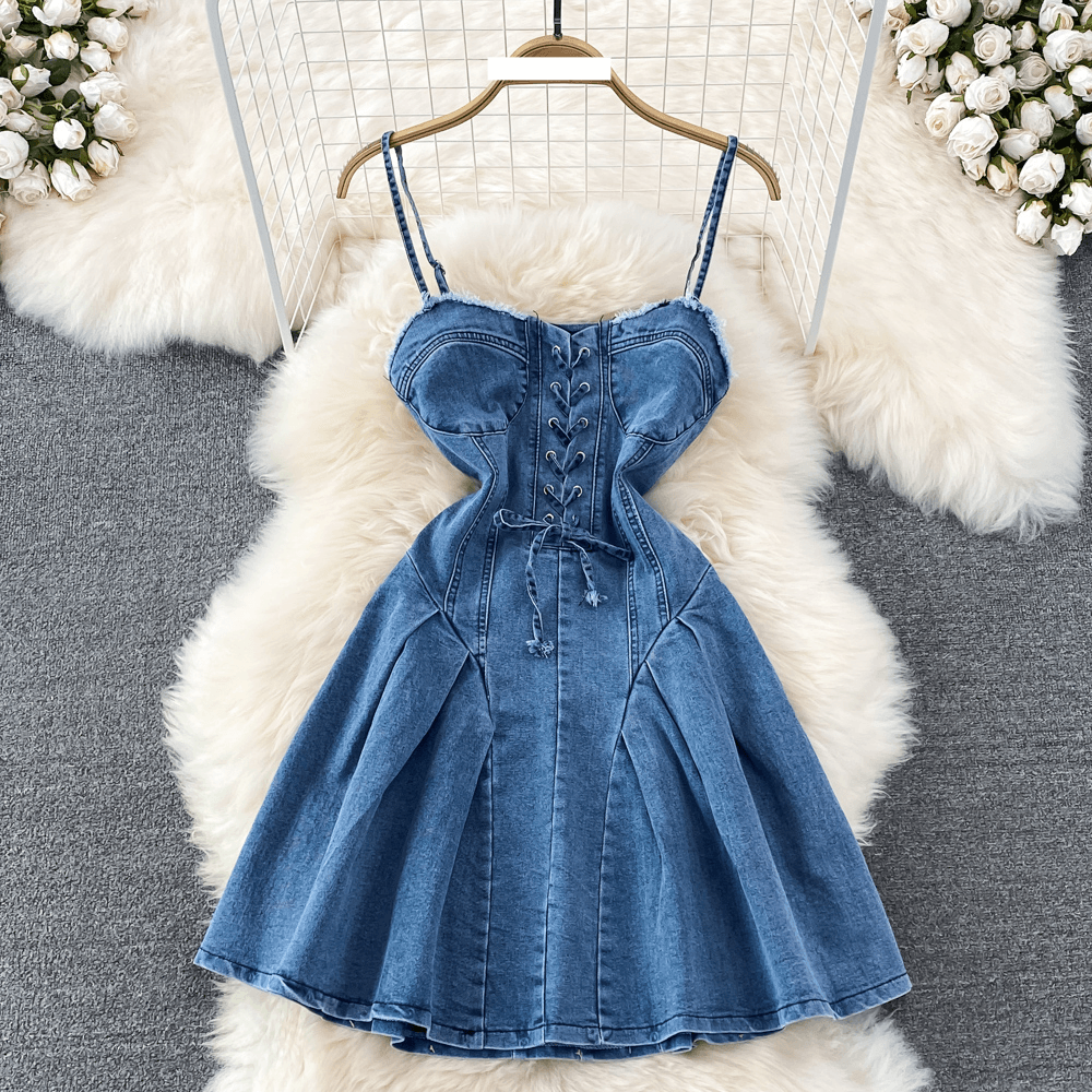 Women's slimming backless sleeveless sexy sweet and spicy denim suspenders a-line dress for women