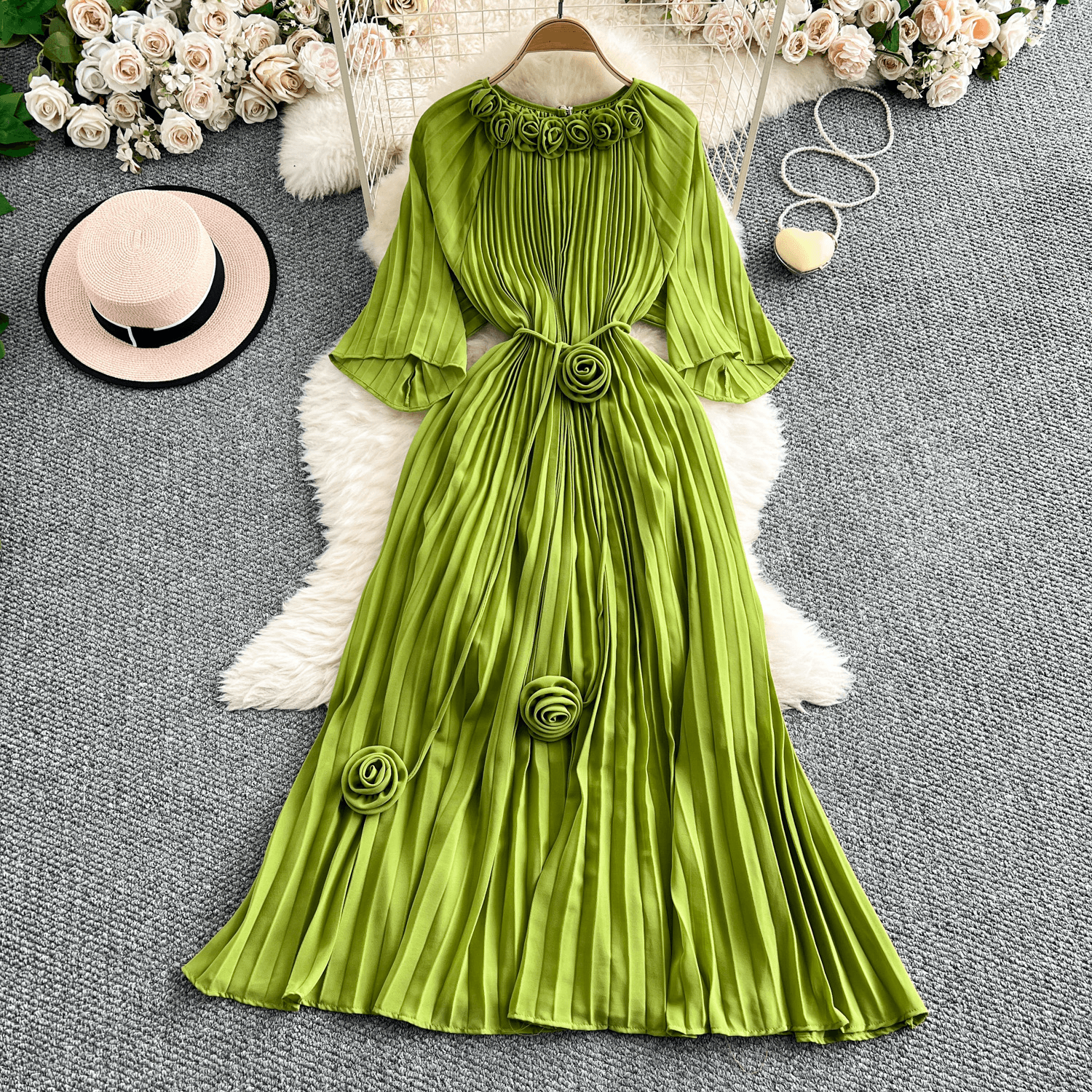 Women's Elegant 3D Floral Pleated Dress - Slim Fit Mid-Sleeve With Waist-Defining Design, Flowy Over-the-Knee Skirt For Summer​​