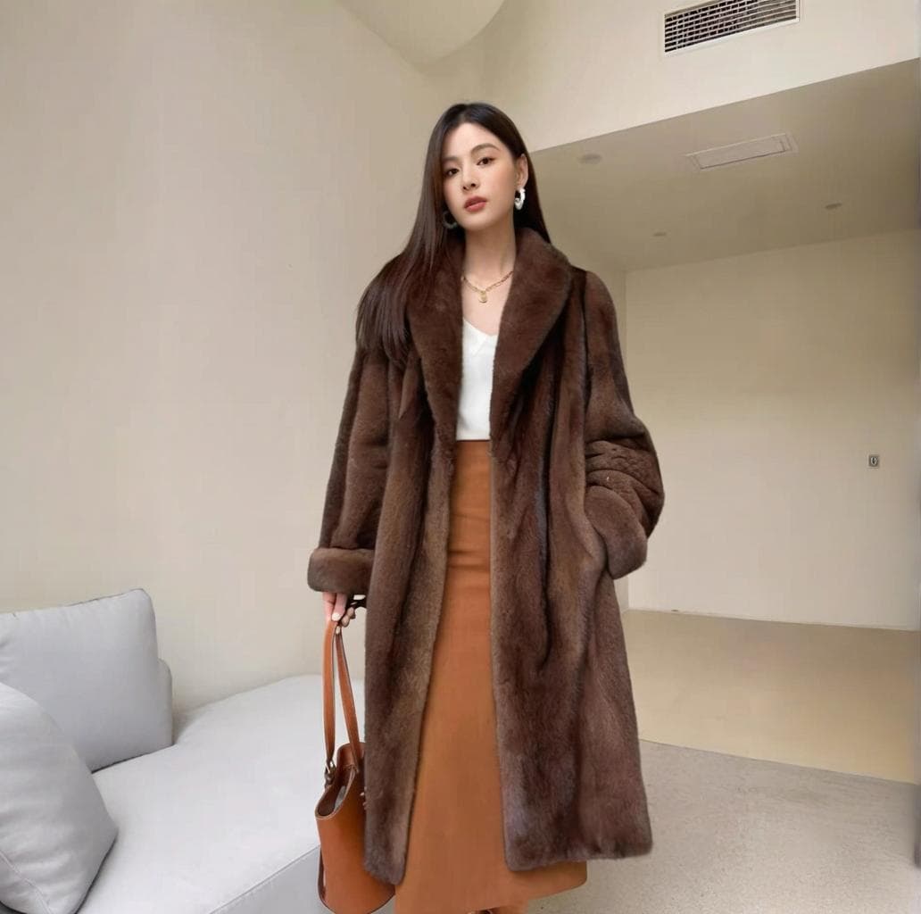 ​​Retro Mink Coat - Caramel V-Neck Longline Fur Coat With Belt, Slim Fit Winter Jacket (Chestnut, S-XL)​​