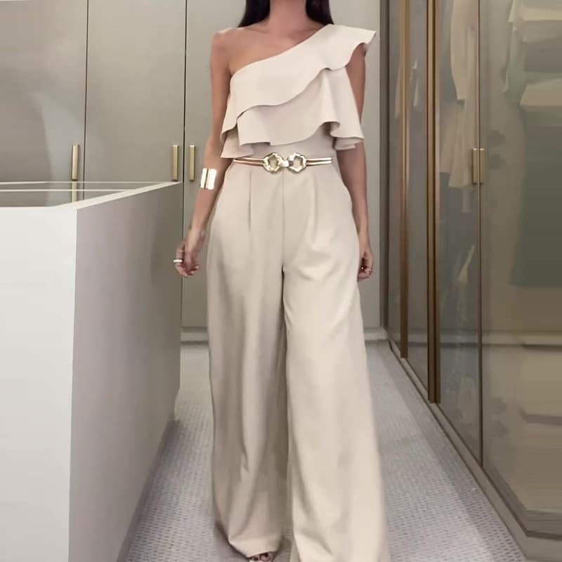 Fall 2023 new European and American cross-border solid color design irregular ruffled slim jumpsuit for women