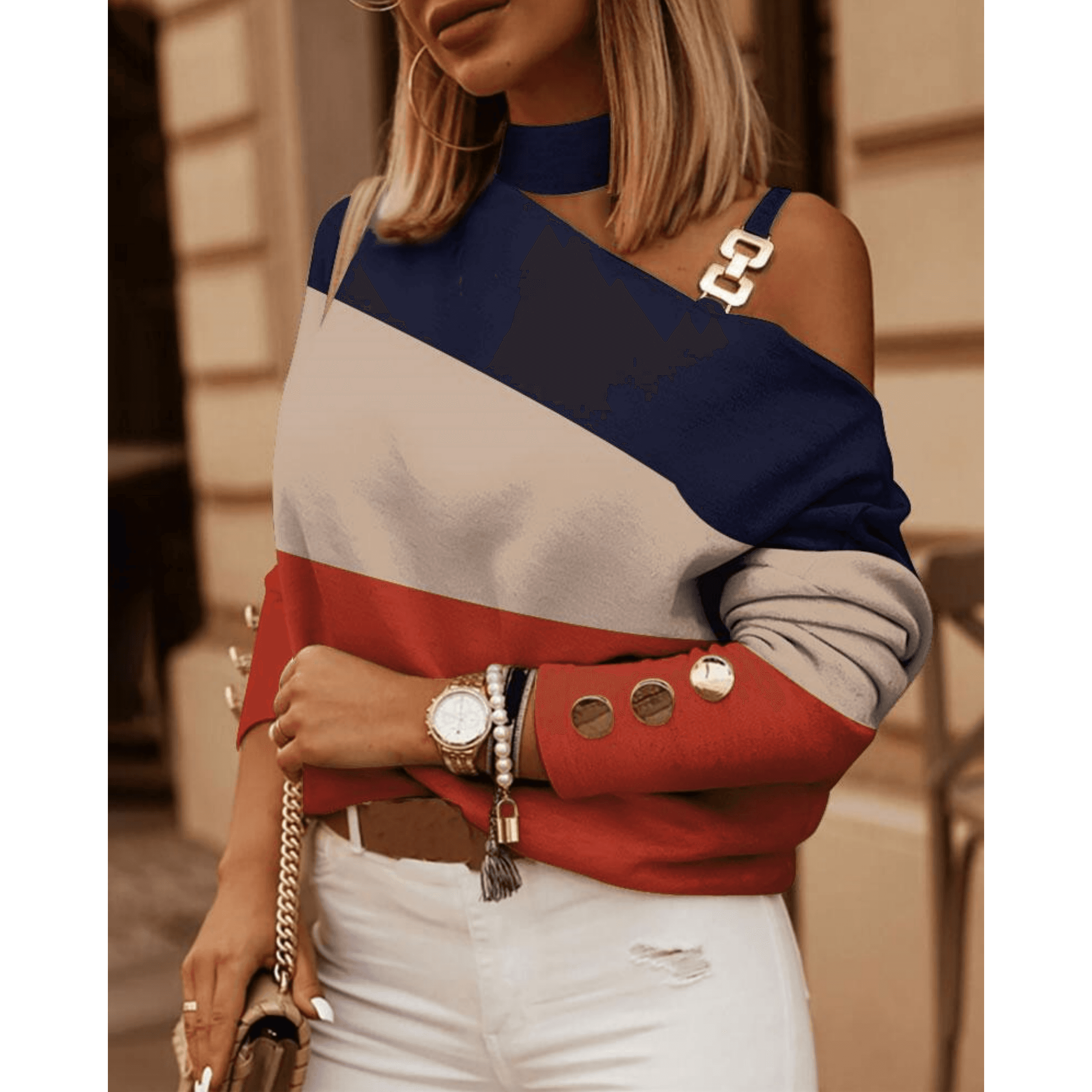 Hot Style Long-sleeved Chain Halter Neck Printed Button Decorative Top For Women