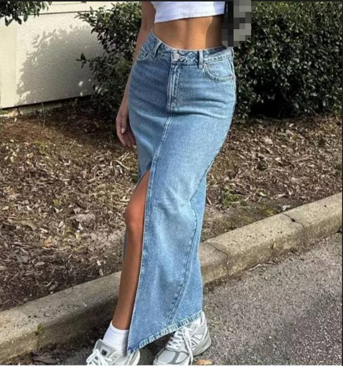 Front slit denim skirt for women new retro hot girl style high waist slim hip-wrapped midi skirt