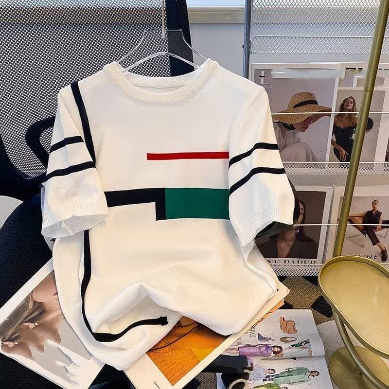 Men's Clothing New Knitted Short Sleeved T Shirt Men's Summer Thin Slim Breathable Trendy Jacquard Striped Youth Men's Tops