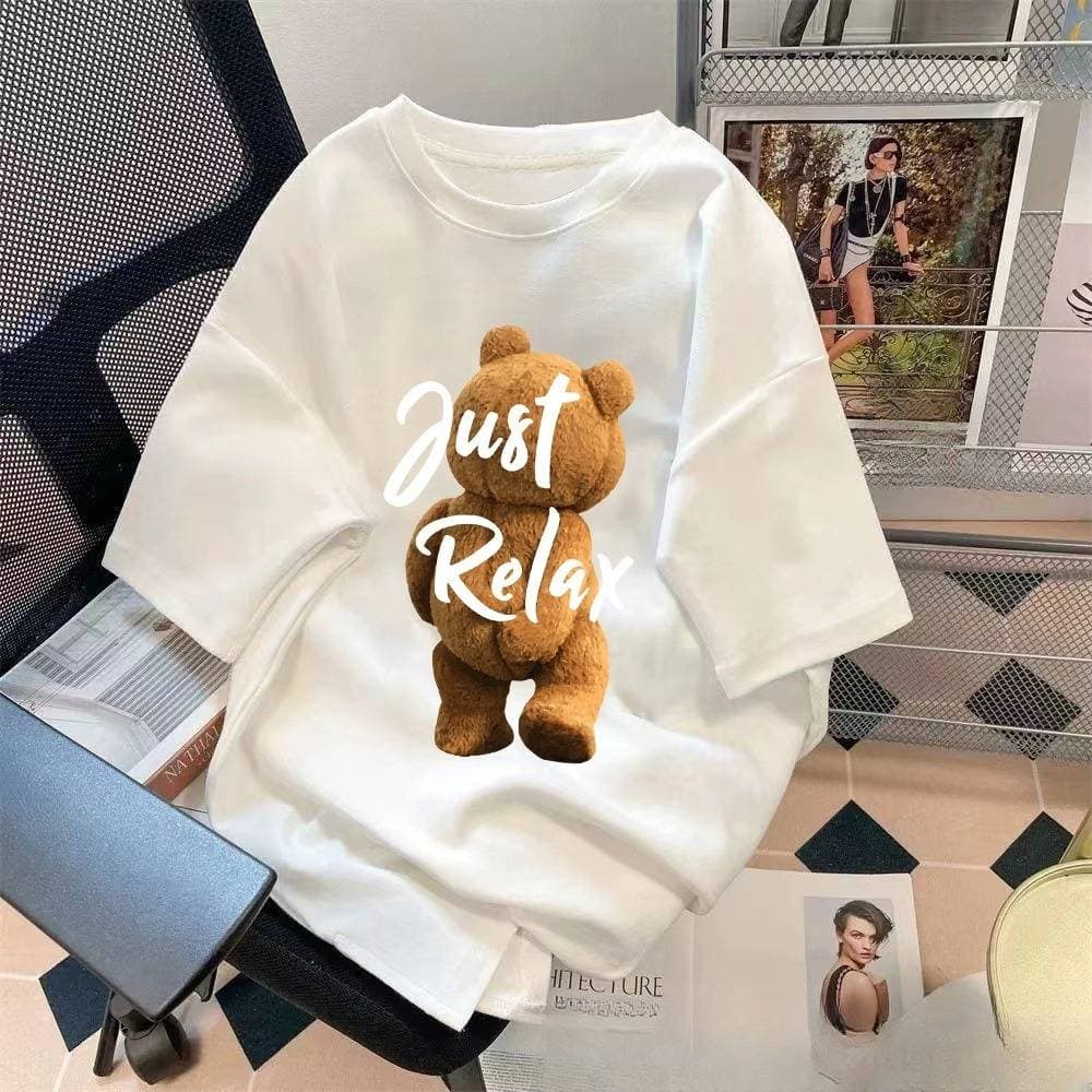 Men's Clothing summer couple short sleeved T shirts with bear prints loose five point sleeves T shirts with large sizes and short sleeves