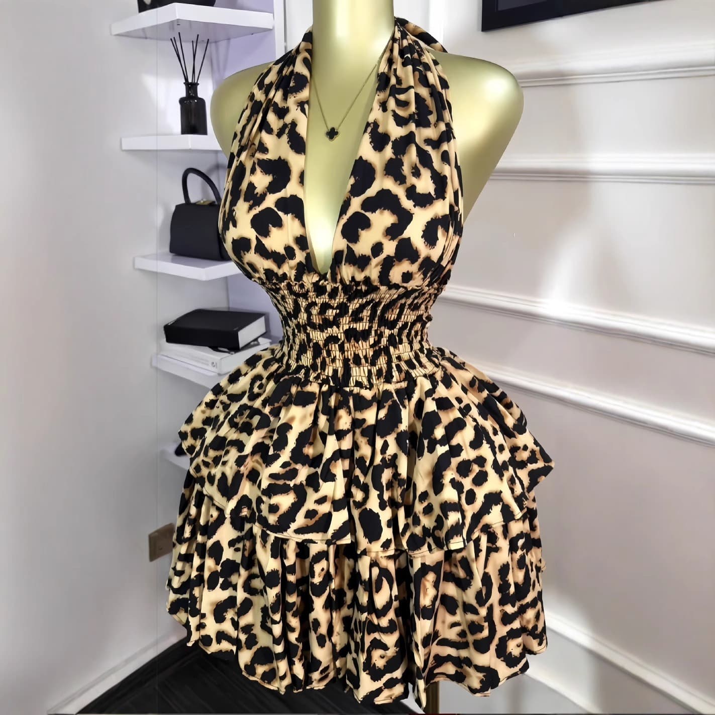 Women's Halter Neck Leopard Print Dress – Ruffled Waist Flared Mini Dress For Summer (S-XXL)​