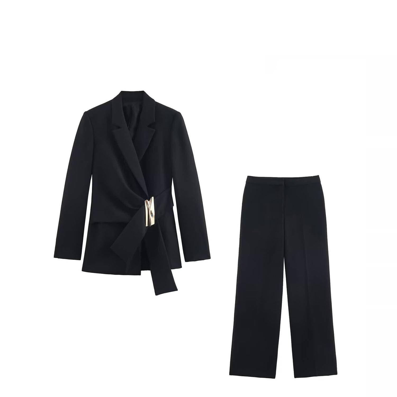 Women's Clothing ZARZ Buckle-Detailed Blazer & High-Waisted Straight Pants Set – Chic Office-to-Outfit Coordination